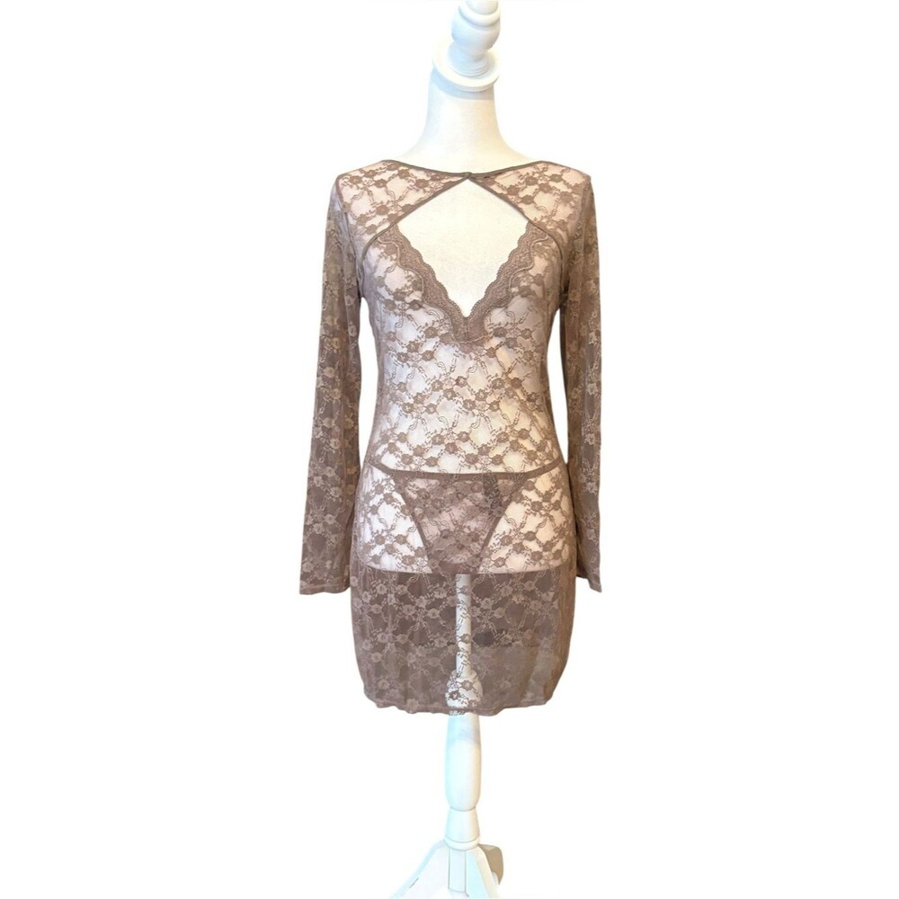 Victorias Secret Lace Long Sleeve Brown Lingerie Slip Dress Womens Medium NWOT